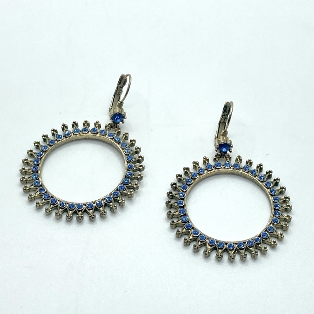 KENNETH Jay Lane Brass Bronze Colour Blue Stone Circle Hoop Dangle Earrings 2.3”